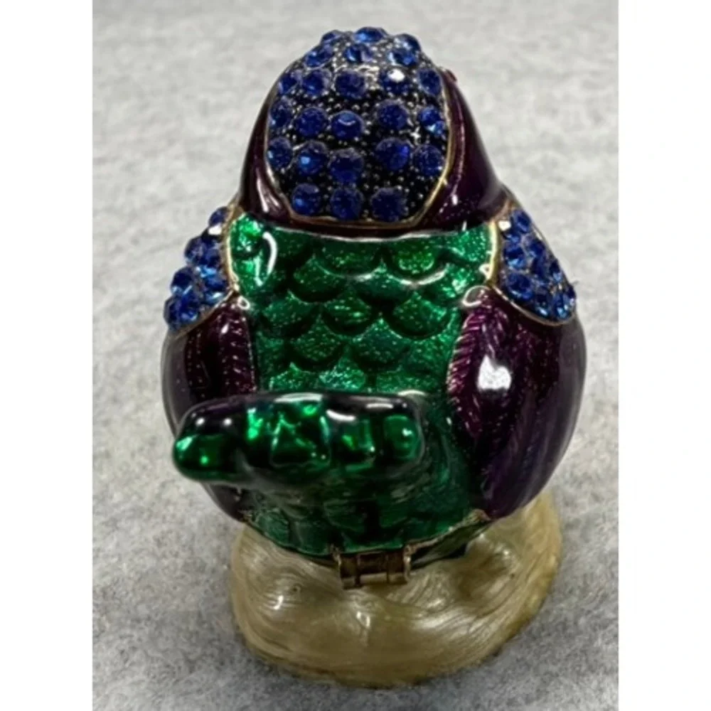 Enamel Bird Trinket Box Jeweled Rhinestone Hinged Collectible Purple Green Gold
